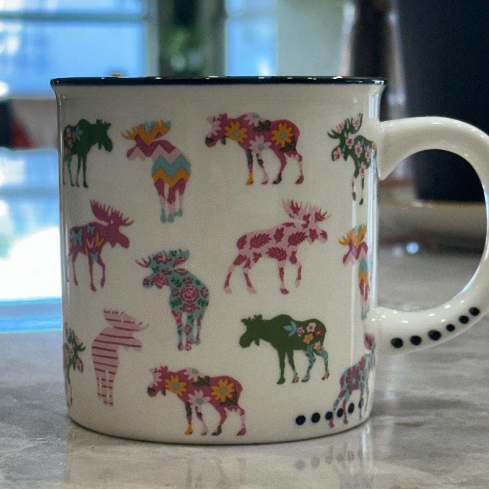 White Ceramic Mug with Multicolor Floral Moose Motif
